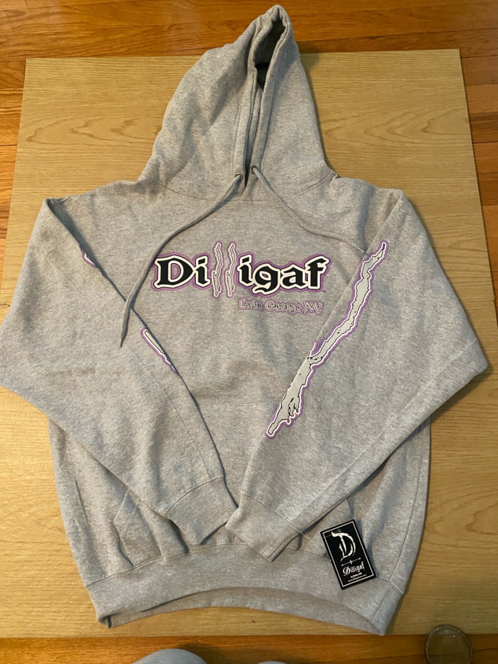 Dilligaf Grey Graphic Hoodie with Purple Accents from LAKE GEORGE NY - Picture 12 of 14